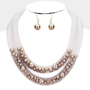 Double Mesh Tube Brown Pearl Collar Necklace Set